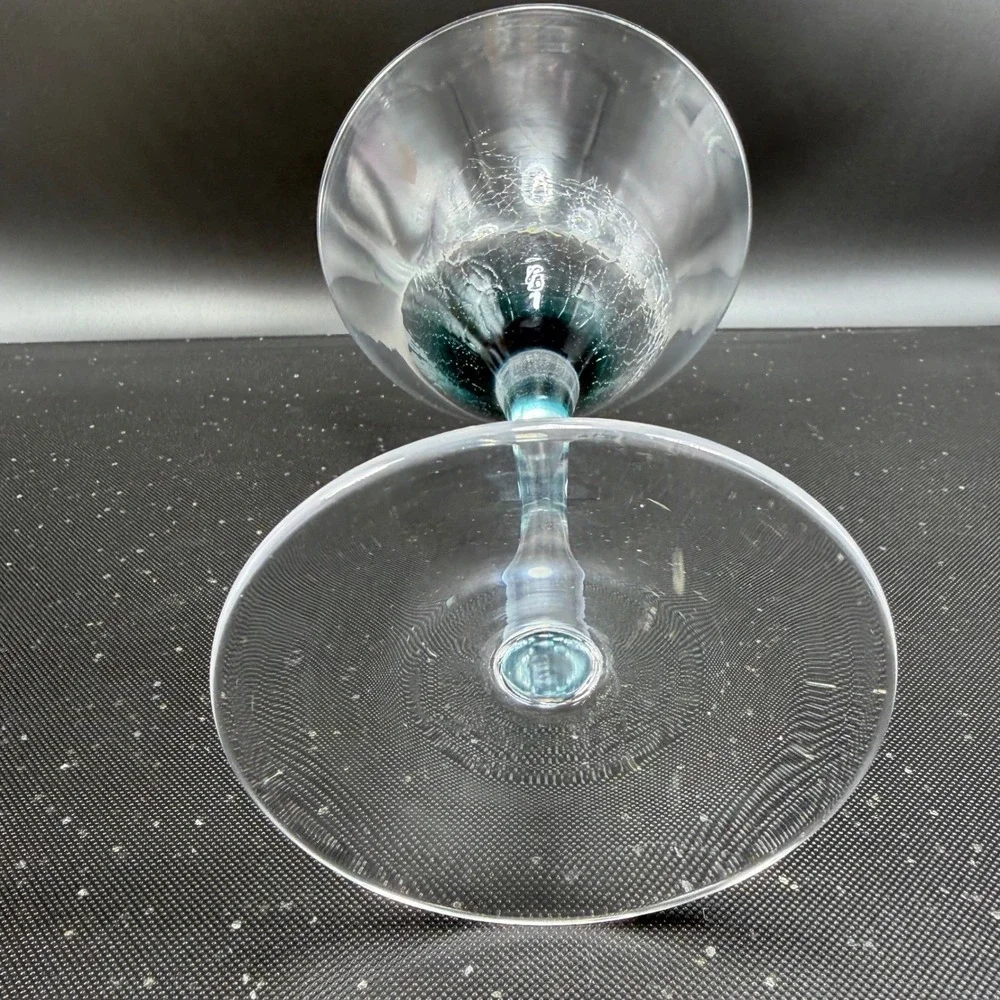 Pier 1 Teal Blue Crackle Glass Martini Glass 7 Inch Barware‎ Single Cup Stem VTG